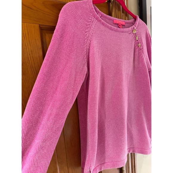 Lilly Pulitzer Pink Chenille Sweater Gold Shell Pineapple Palm Buttons Medium - Picture 7 of 10